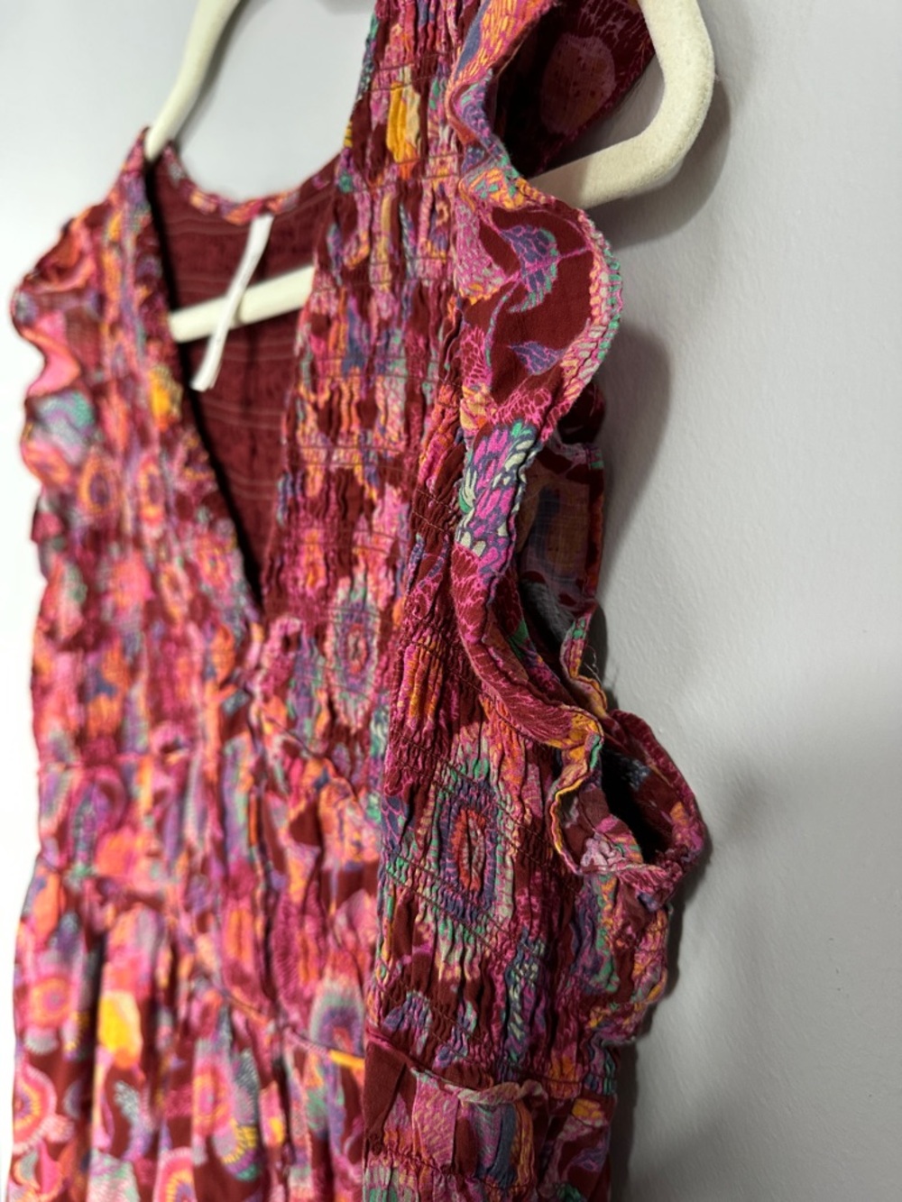 Anthropologie Peregrine Burgundy Floral Midi Dress with Ruffled Shoulders - Picture 7 of 11